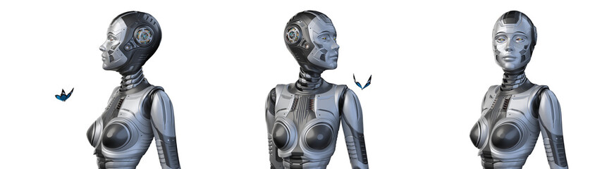 Detailed futuristic robot woman or humanoid cyber girl playing with a butterfly creating a contact with nature. Upper body isolated on transparent background. 3d rendering set of three angles or poses