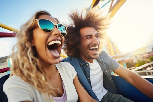 Interracial couple laughing on a roller coaster