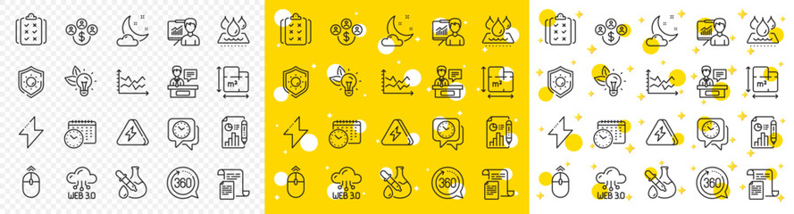 Outline Presentation, Calendar time and Eco energy line icons pack for web with Documents, 360 degrees, Web3 line icon. Rule, Swipe up, Sun protection pictogram icon. Energy, Exhibitors. Vector - obrazy, fototapety, plakaty
