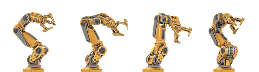 Robotic arm or yellow mechanical hand computing different movements. Industrial robot manipulator. Futuristic technology. Collage or set of four positions. 3d rendering isolated on transparent