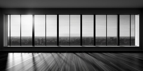 Spacious black and white apartment with numerous windows and long black blinds in panorama. - obrazy, fototapety, plakaty