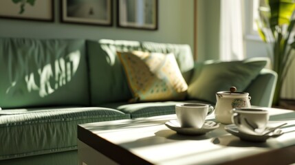 This close-up highlights the sofa, coffee table and sunlight in the living room, creating a modern, warm and inviting design for a comfortable home environment.