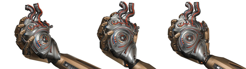 Robotic arm holds detailed artificial heart or metallic hand shows cybernetic organ with moving gear and pistons. 3d rendering set of various angles isolated on transparent background