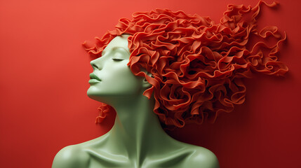 Sinnliches Portrait einer Frau mit roten Nudeln als Frisur. Illustration mit rotem Hintergrund