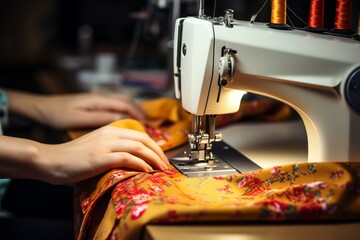 Closeup female hand sewing on a machine - obrazy, fototapety, plakaty
