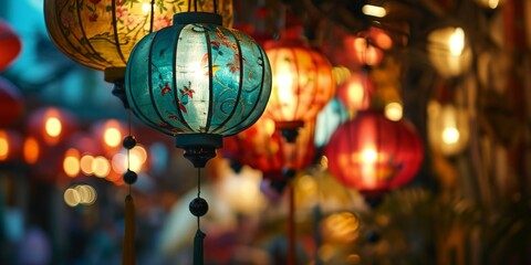 Beautiful red Chinese lanterns on street, lunar New Year decorations. - obrazy, fototapety, plakaty