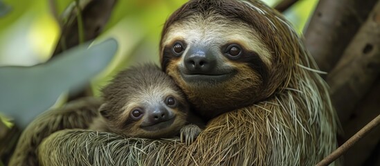 Fototapeta premium A mother sloth and her baby.