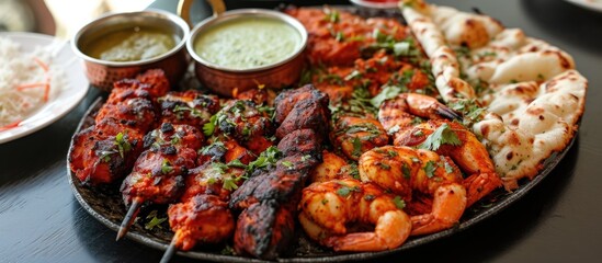 Tandoori oven-baked platter of Indian appetizers, with malai tikka chicken, shrimp, and seekh kebab. - obrazy, fototapety, plakaty