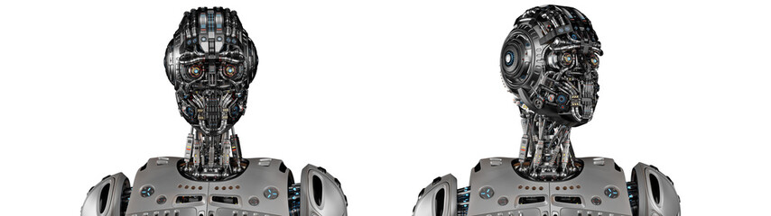 Sci fi robot or humanoid machine with highly detailed face looks around. Set of two different poses. 3d rendering isolated on transparent background