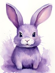Watercolor Drawing of a purple Bunny on a white Background. Easter Card Template with Copy Space