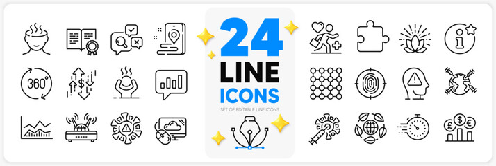Icons set of Patient, Currency rate and Cloud computing line icons pack for app with Lotus, Certificate, Place thin outline icon. Density, Eco organic, Fingerprint pictogram. Coronavirus. Vector