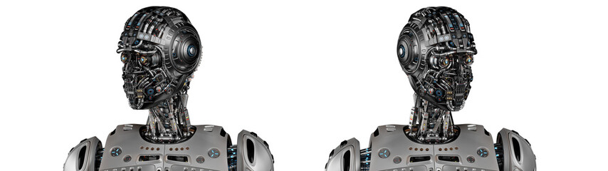 Sci fi robot or humanoid machine with highly detailed face looks around. Set of two different poses. 3d rendering isolated on transparent background