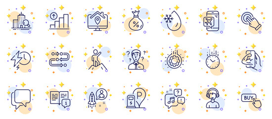 Fototapeta na wymiar Outline set of Leadership, Work home and Startup line icons for web app. Include Touchscreen gesture, Talk bubble, Buy button pictogram icons. Support consultant, Voicemail, Loan signs. Vector