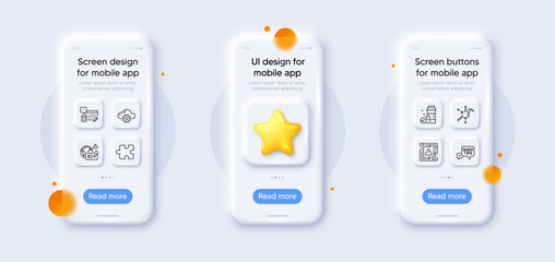 Cloud computing, Medical drugs and Quick tips line icons pack. 3d phone mockups with star. Glass smartphone screen. Puzzle, Account, Chemical formula web icon. Vector