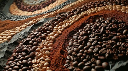 Artistic shots of coffee beans arranged in a creative pattern, highlighting the beauty of the raw ingredients. [Coffee bean art]