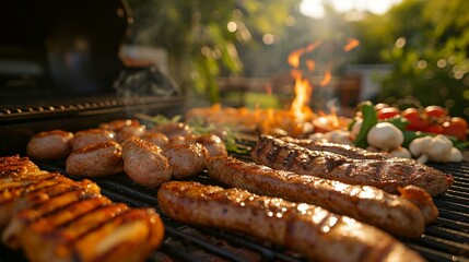 Pictures of a backyard barbecue with a variety of grilled meats and a friendly gathering of neighbors. [Backyard BBQ bonding]