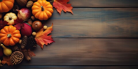 November Thanksgiving: Colorful pumpkins, oak leaves, acorns on rustic wooden table. Fall menu, harvest season template with copy space.