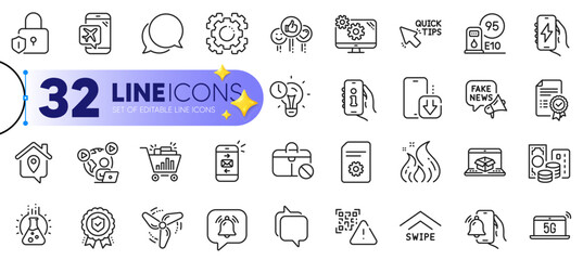 Outline set of Support, Flight mode and Video conference line icons for web with Mail, Lock, Settings thin icon. Jobless, Fake news, Chemistry lab pictogram icon. Swipe up, 5g notebook. Vector