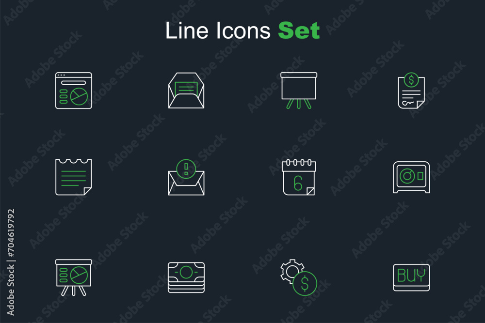 Sticker Set line Buy button, Gear with dollar symbol, Stacks paper money cash, Board graph, Safe, Calendar, Envelope and Notebook icon. Vector