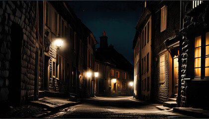 Stare miasteczko z krętymi uliczkami i starymi lampami nocą - obrazy, fototapety, plakaty