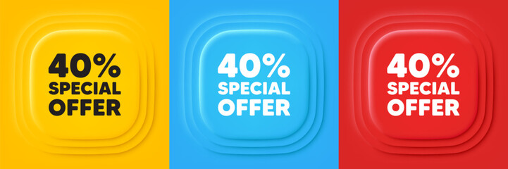 40 percent discount offer tag. Neumorphic offer banners. Sale price promo sign. Special offer symbol. Discount podium background. Product infographics. Vector