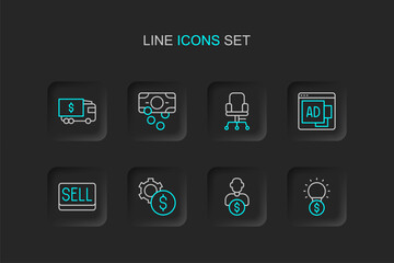Set line Light bulb with dollar, Business investor, Gear symbol, Sell button, Advertising, Office chair, Stacks paper money cash and Armored truck icon. Vector