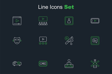 Set line No alcohol, Actor star, Record button, Movie, film, media projector, Video with subtitles, Thriller movie, Rating and Comedy theatrical mask icon. Vector