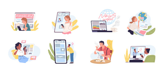 People reading news. Man read new newspapers, smartphone internet website, media web information in laptop computer or watching online television concept classy vector illustration