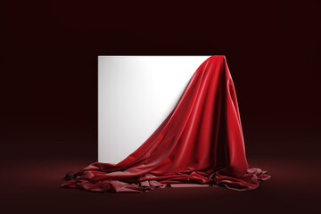 Empty screen covered with red cloth. Presentation pedestal with a red silk cloth. 3d - obrazy, fototapety, plakaty