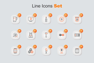 Set line Wooden barrel, Wheat, Glass of beer, Accordion, Pretzel and Bottle opener icon. Vector