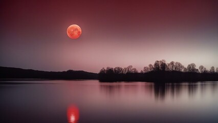 sunset on the lake A red moon over water, showing the contrast and the mystery of nature. The moon is bright and round 