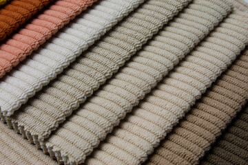 Bright collection of gunny textile samples. Set of fabric swatch samples texture. 