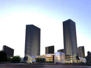 Fototapeta na wymiar 3d render of skyscrapers shopping mall exterior view at night
