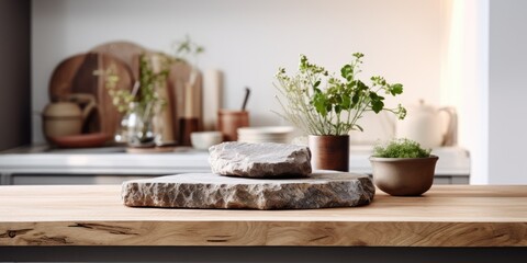 Product display with stone on table in kitchen interior.