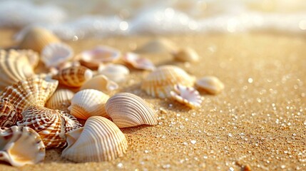 Fototapeta na wymiar Seashells scattered on golden sand, offering a natural and textured background for summer-themed designs. [Seashell treasures]