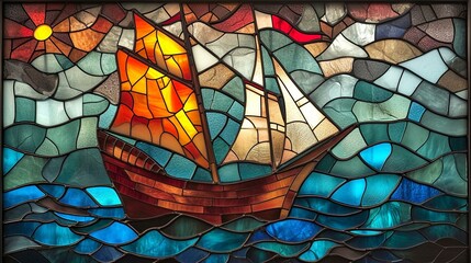 Nautical-themed stained glass window patterns, offering a vibrant and artistic design element. [Stained glass inspiration] - obrazy, fototapety, plakaty