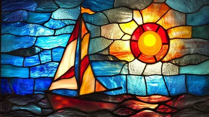 Papier Peint photo Coloré Nautical-themed stained glass window patterns, offering a vibrant and artistic design element. [Stained glass inspiration]