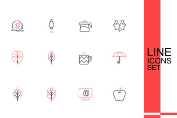 Set line Apple, Location with leaf, Leaf, Umbrella, Cup of tea, and Four clover icon. Vector