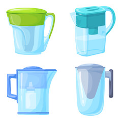 Water filter jug. Pitcher filters with active bio carbon, healthcare glass decanter for pouring filtered clean liquid in home kitchen, aqua purification neat vector illustration