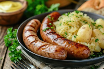 Two grilled German sausages with sauerkraut and potatoes - obrazy, fototapety, plakaty