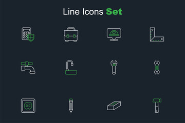 Set line Hammer, Brick, Pencil with eraser, Electrical outlet, Wrench spanner, Adjustable wrench, Washbasin and Water tap icon. Vector