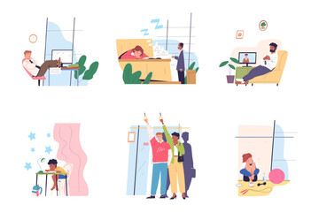 Drowsiness people. Asleep or yawn bored man and tired drowsy woman, yawning sleepy person lazy worker wish sleeping, narcolepsy somnolence sleep lack, classy vector illustration
