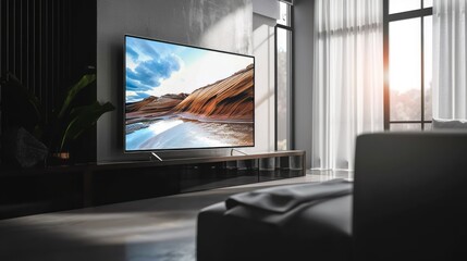 Cozy room interior with stylish furniture, decor elements and TV set