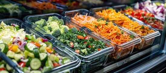 Fototapeta premium Pre-made vegetable salads in plastic boxes on display in a store fridge.