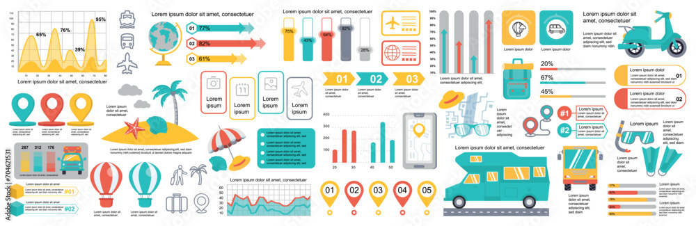 Aufkleber Mega set of travel infographic elements data visualization vector design template. Can be used for steps, options, business process, workflow, diagram, flowchart, timeline. Bundle info graphics.