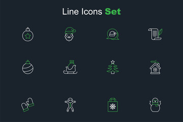 Set line Christmas snowman, shopping bag, Holiday gingerbread cookie, mittens, Merry house, tree, santa claus sleigh and ball icon. Vector