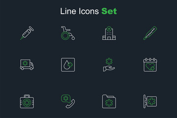 Set line Emergency - Star of Life, Medical health record folder, call 911, First aid kit, Doctor appointment, Cross hospital medical, Blood test and Ambulance car icon. Vector