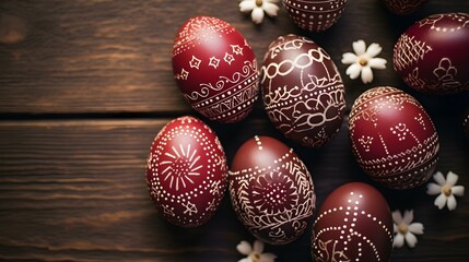 Burgundy Easter Eggs on a wooden Background with Copy Space. Template for a Happy Easter Greeting Card