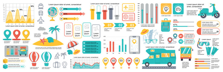 Mega set of travel infographic elements data visualization vector design template. Can be used for steps, options, business process, workflow, diagram, flowchart, timeline. Bundle info graphics.