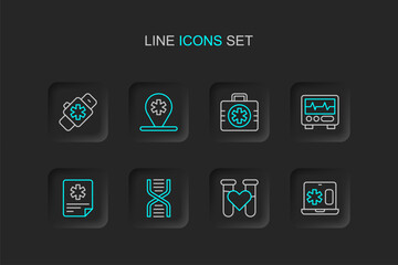 Fototapeta premium Set line Clinical record on laptop, Test tube with blood, DNA symbol, Patient, Monitor cardiogram, First aid kit, Location hospital and Smart watch heart icon. Vector